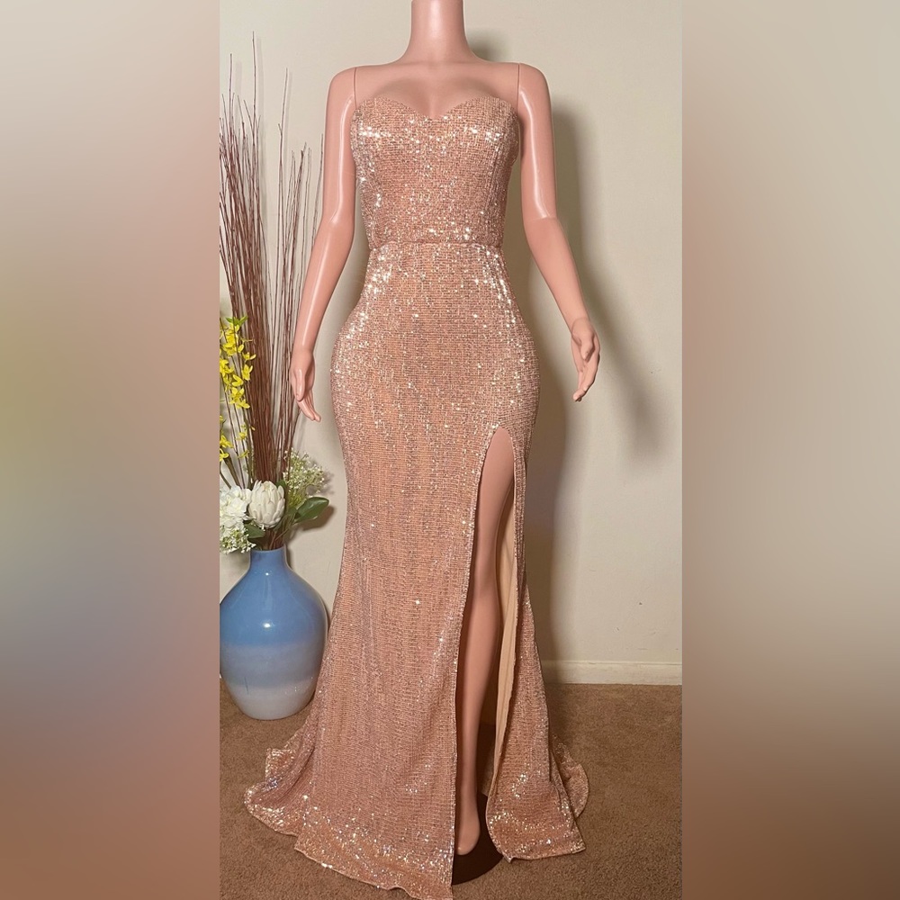 Rose Gold sequined floor length dress